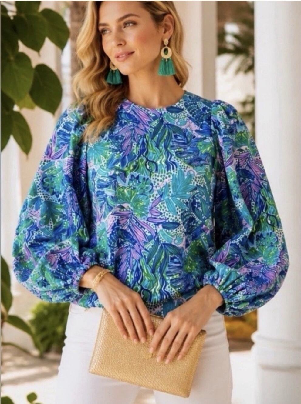 Lilly Pulitzer Lynnley Tropical Print Cotton Blouse Puff Sleeve Blue Pink Large